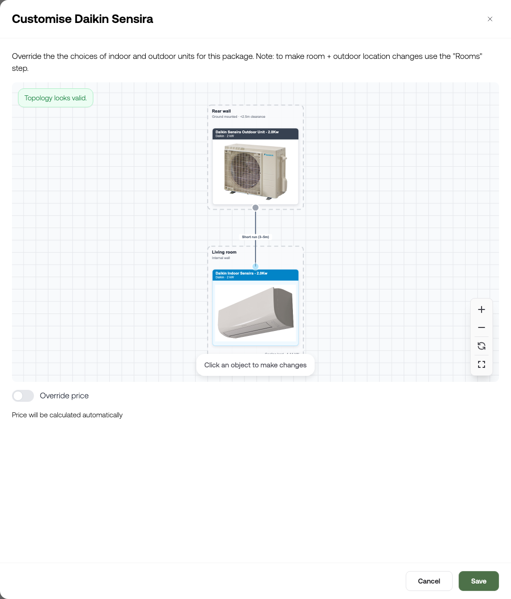The Customise package sheet for an air con package, with the system layout and an override price toggle