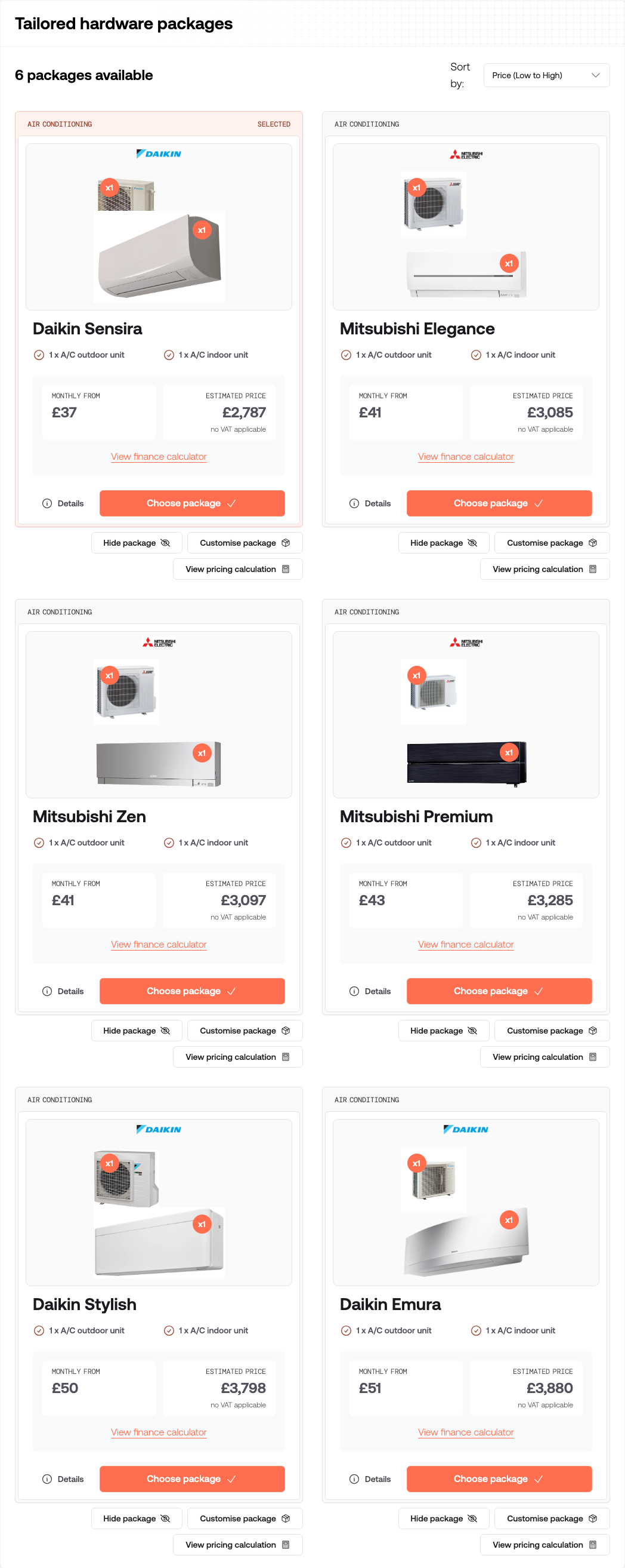 The Tailored hardware packages section showing sized air conditioning packages with prices and a Choose package button