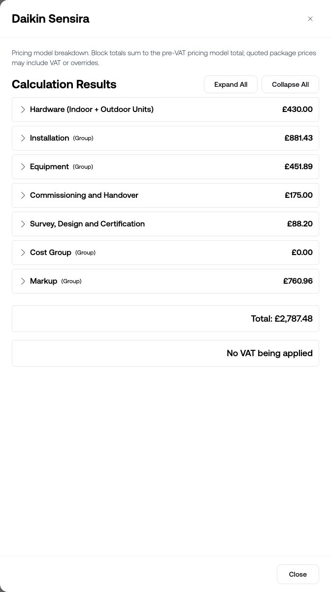 The View pricing calculation sheet showing the pricing model breakdown for an air con package
