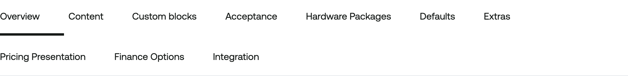 The eleven Air Con Quote Tool configuration tabs: Overview, Content, Custom blocks, Explainers, Acceptance, Hardware Packages, Defaults, Extras, Pricing Presentation, Finance Options, and Integration
