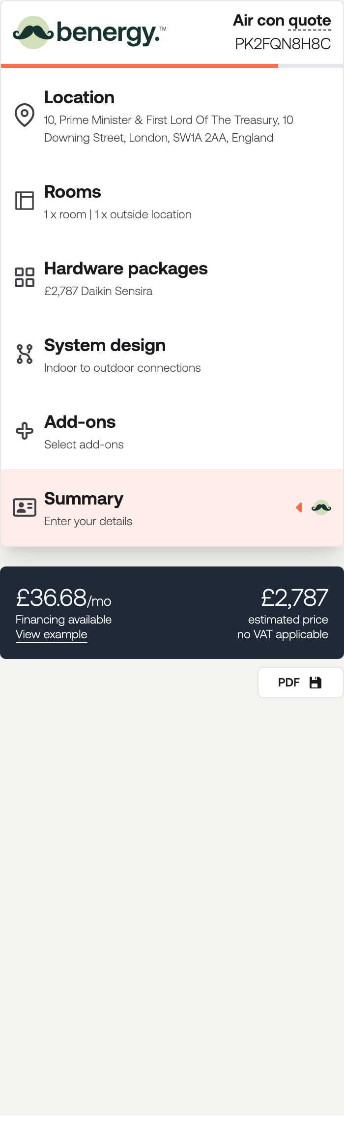 The quote sidebar listing every section with a one-line summary under each, and the price at the foot