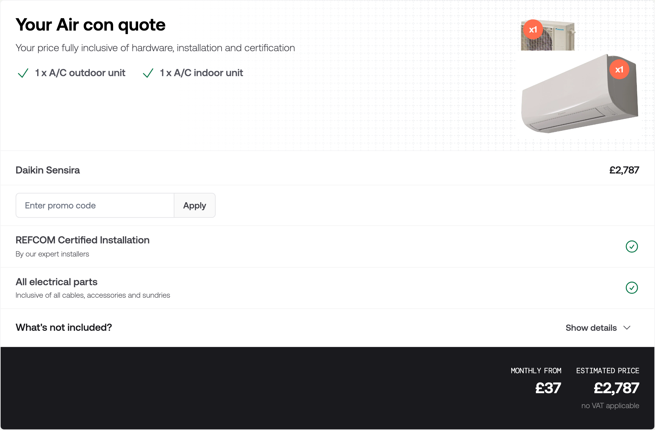 The summary section showing the itemised price, what is included, and the estimated price