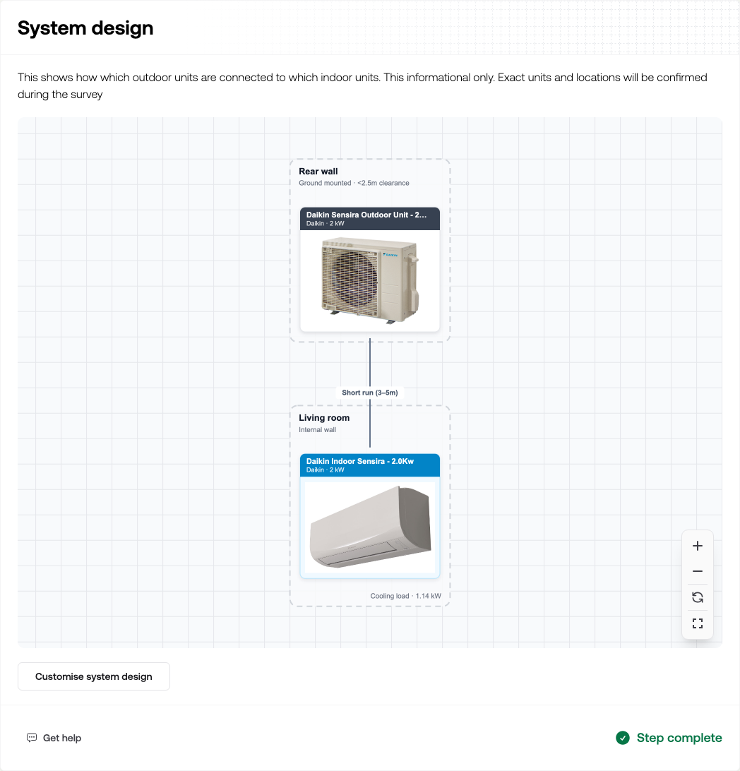 The System design section showing an outdoor unit connected to an indoor unit, with Customise system design