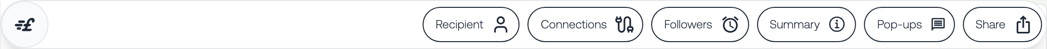 The row of quote controls: Settings, Connections, Followers, Summary, Pop-ups and Share