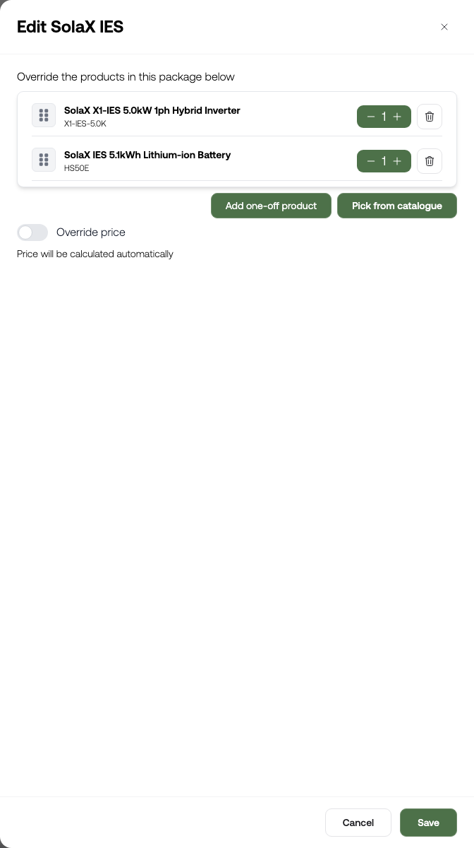 The Customise package sheet for a battery package, listing products, quantities, and an override price toggle