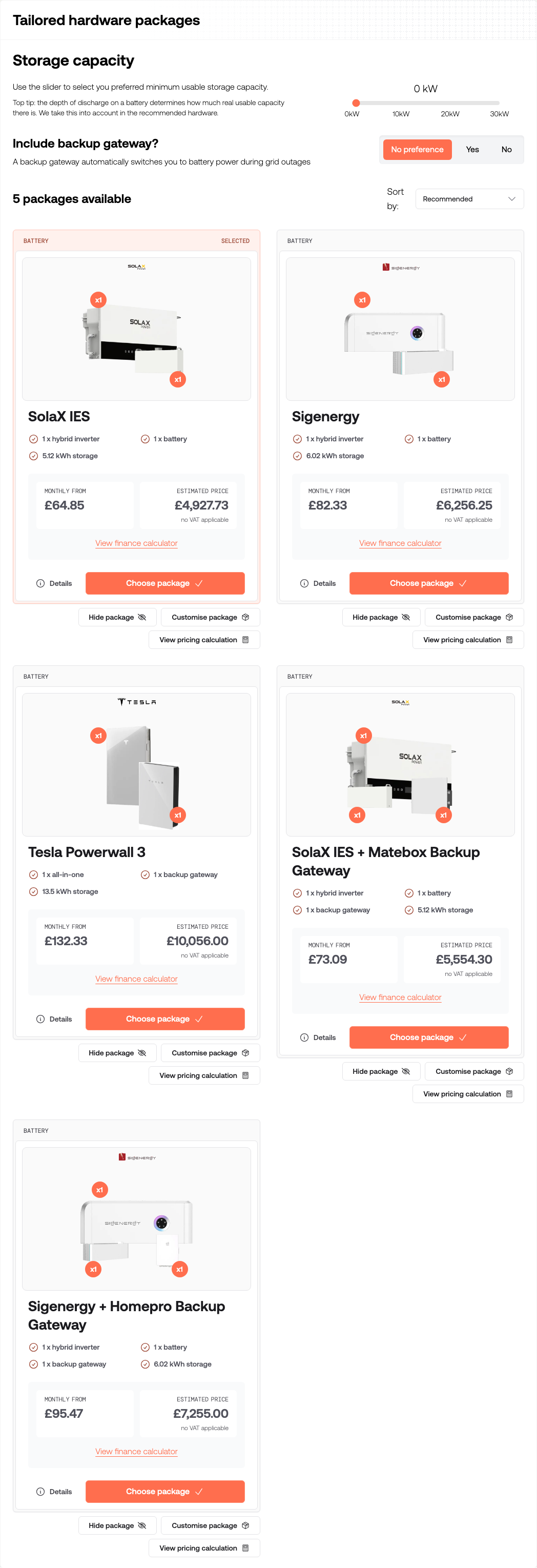 The Tailored hardware packages section showing a storage capacity slider, backup gateway options, and battery packages with Choose package