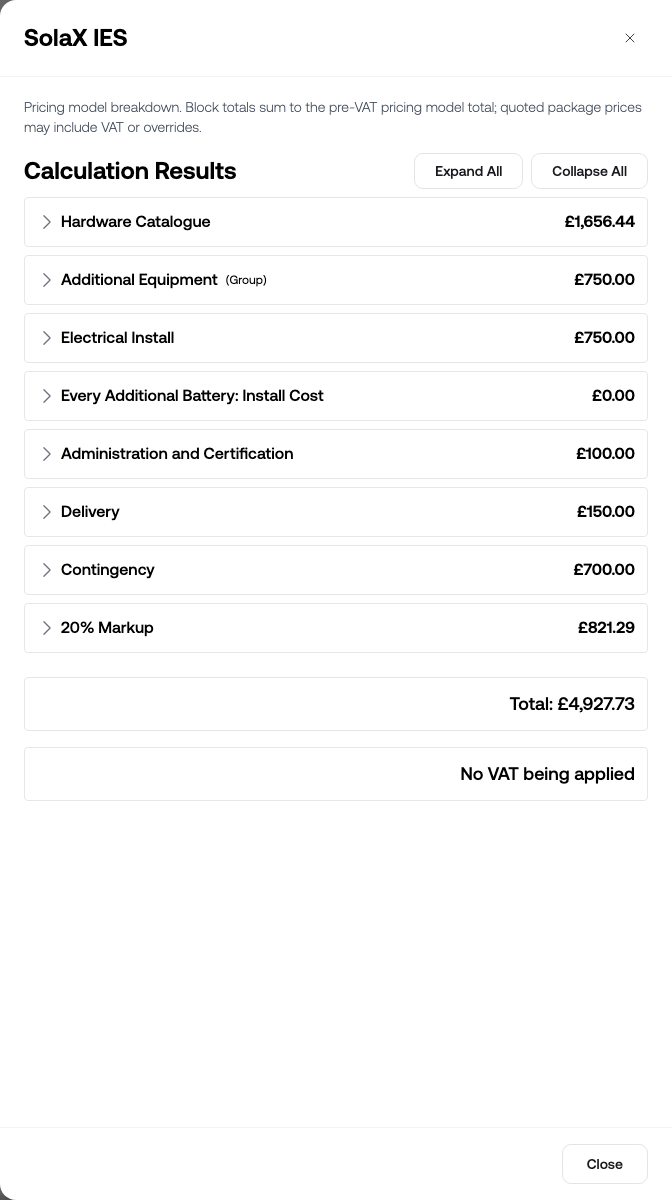 The View pricing calculation sheet showing the pricing model breakdown for a battery package