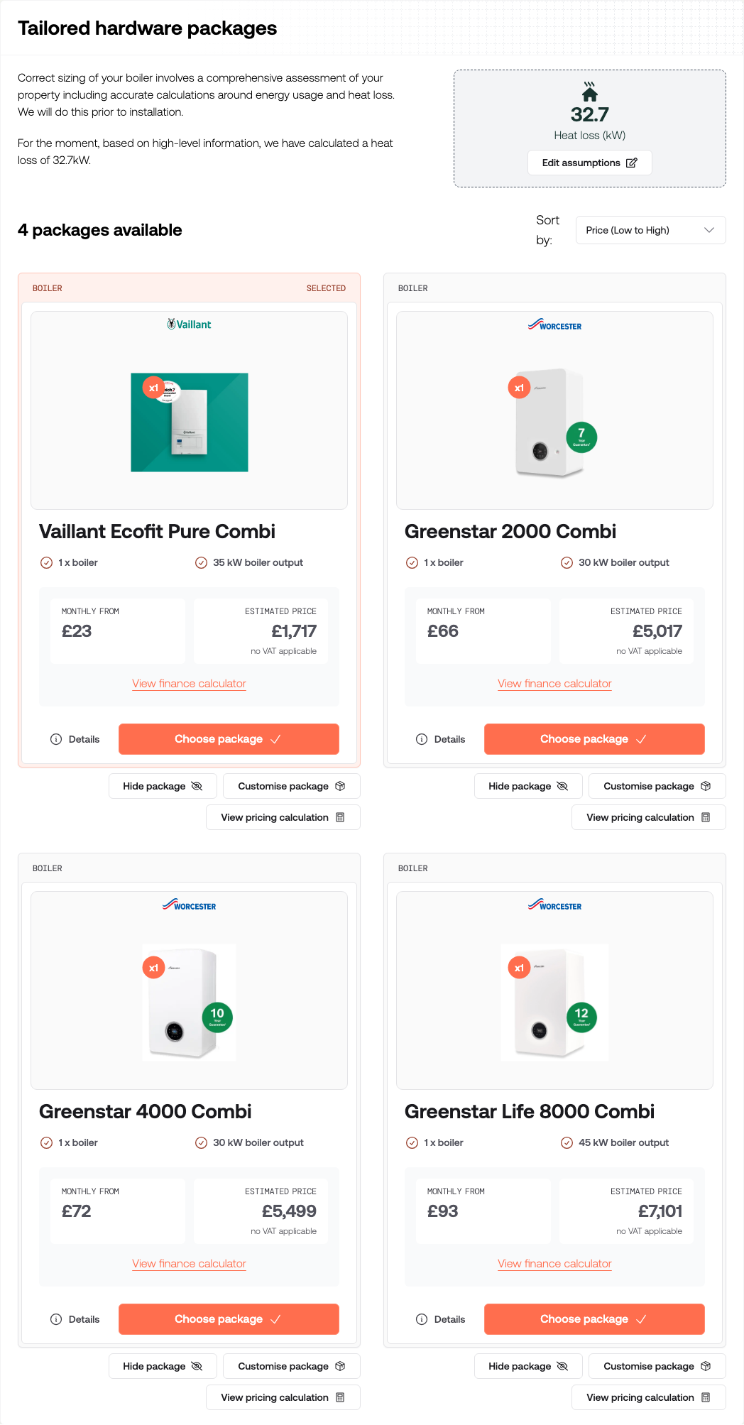 The Tailored hardware packages section showing sized boiler packages with prices and a Choose package button