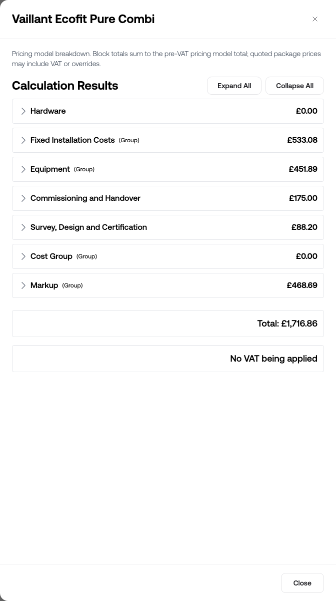 The View pricing calculation sheet showing the pricing model breakdown for a boiler package