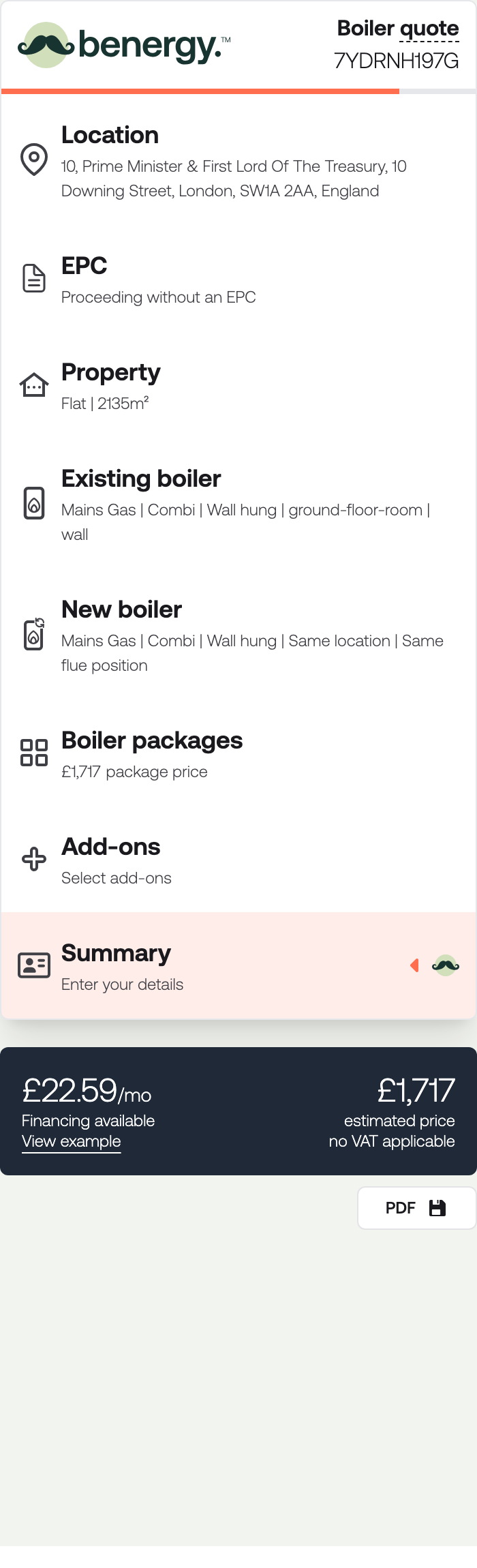 The quote sidebar listing every section with a one-line summary under each, and the price at the foot
