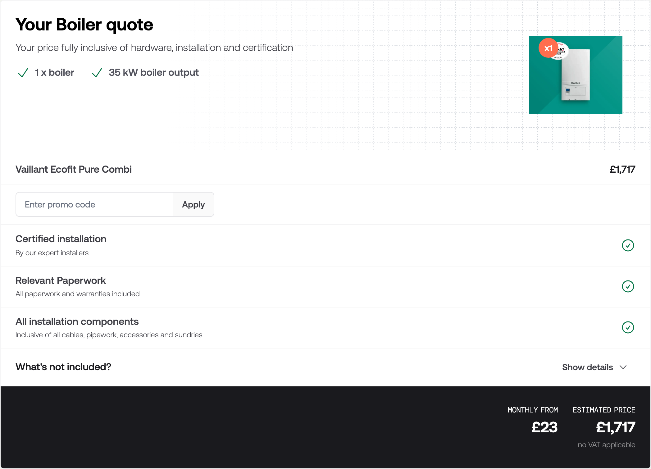 The summary section showing the itemised price, what is included, and the estimated price