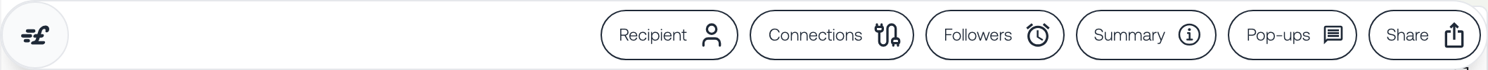 The row of quote controls: Settings, Connections, Followers, Summary, Pop-ups and Share
