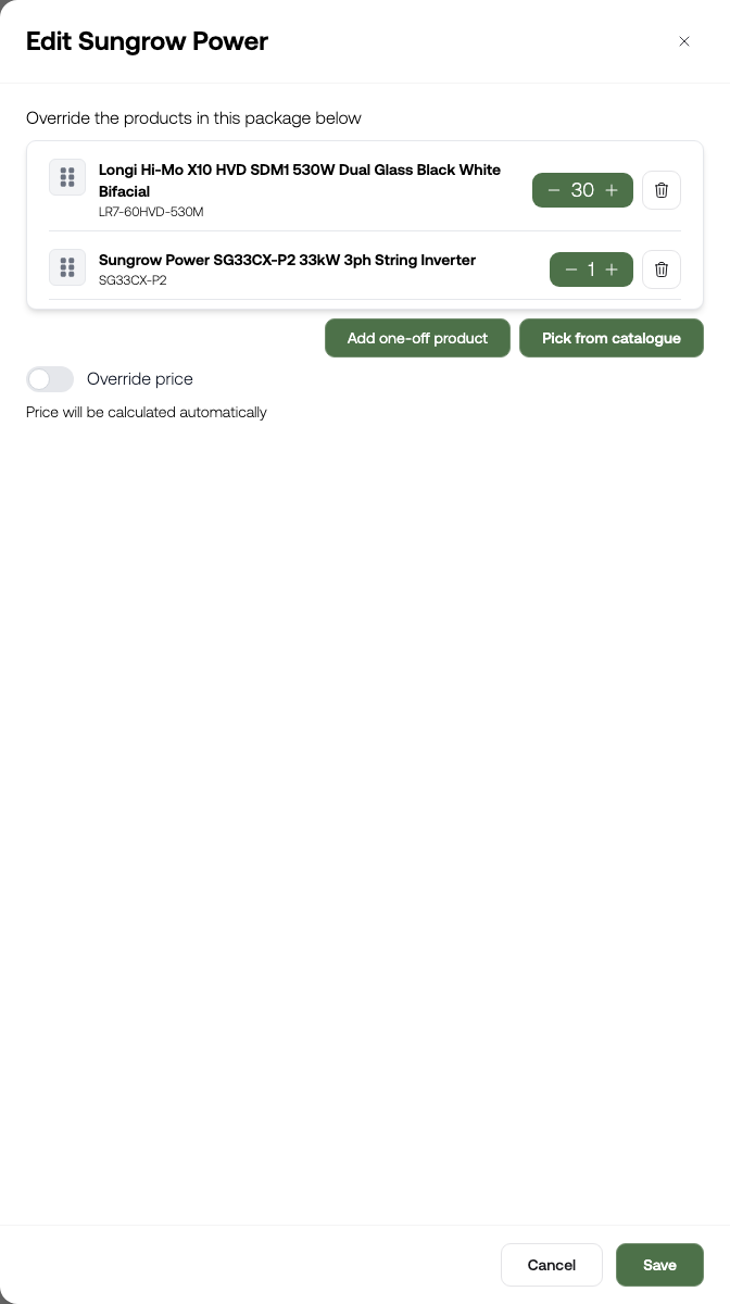 The Customise package sheet for a commercial solar package, listing products, quantities, and an override price toggle