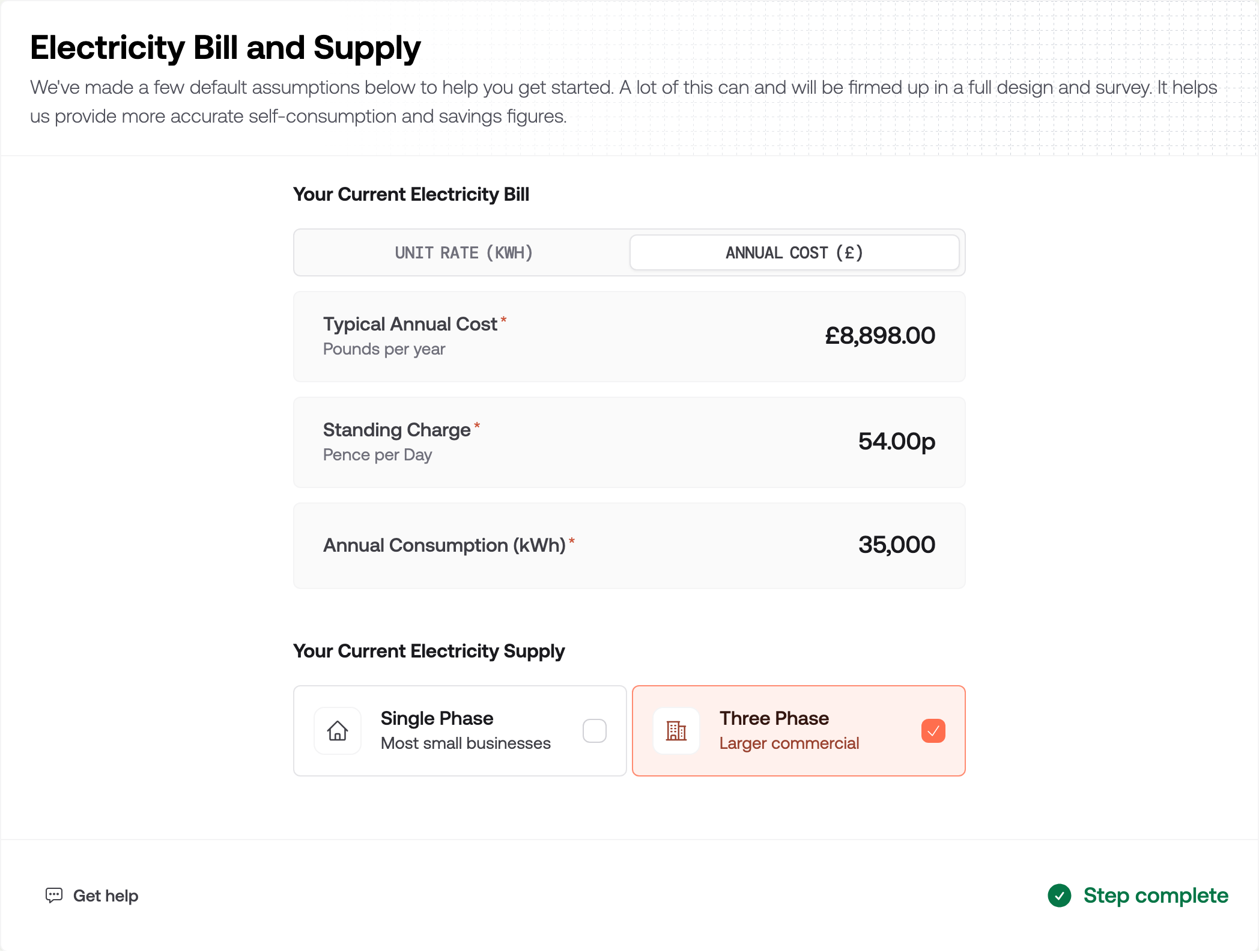 The Electricity Bill and Supply section with the Annual Cost tab selected, showing typical annual cost, standing charge, annual consumption, and Three Phase supply chosen
