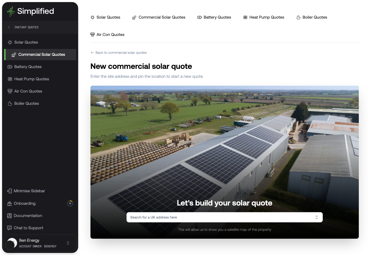 The New commercial solar quote page, with the Commercial Solar Quotes list open in the sidebar and an address search box over a photograph of a commercial roof