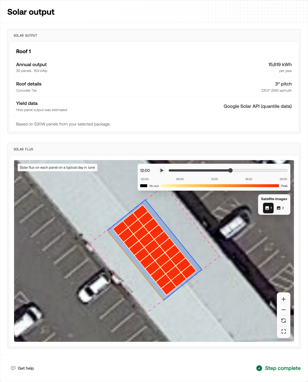 The Solar output section showing annual output, roof details and yield data for one roof, above a solar flux map with every panel at peak intensity at midday