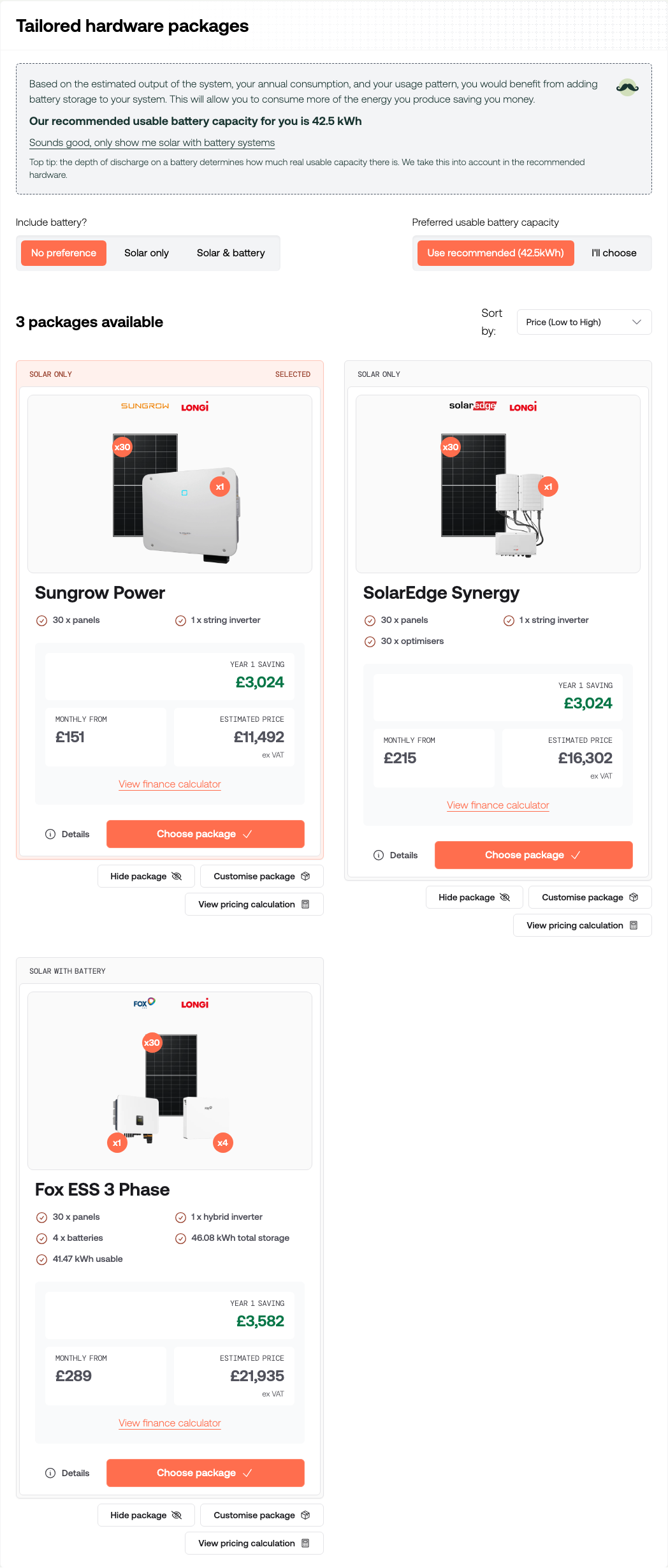 The Tailored hardware packages section with battery preference controls and three package cards, one marked as selected