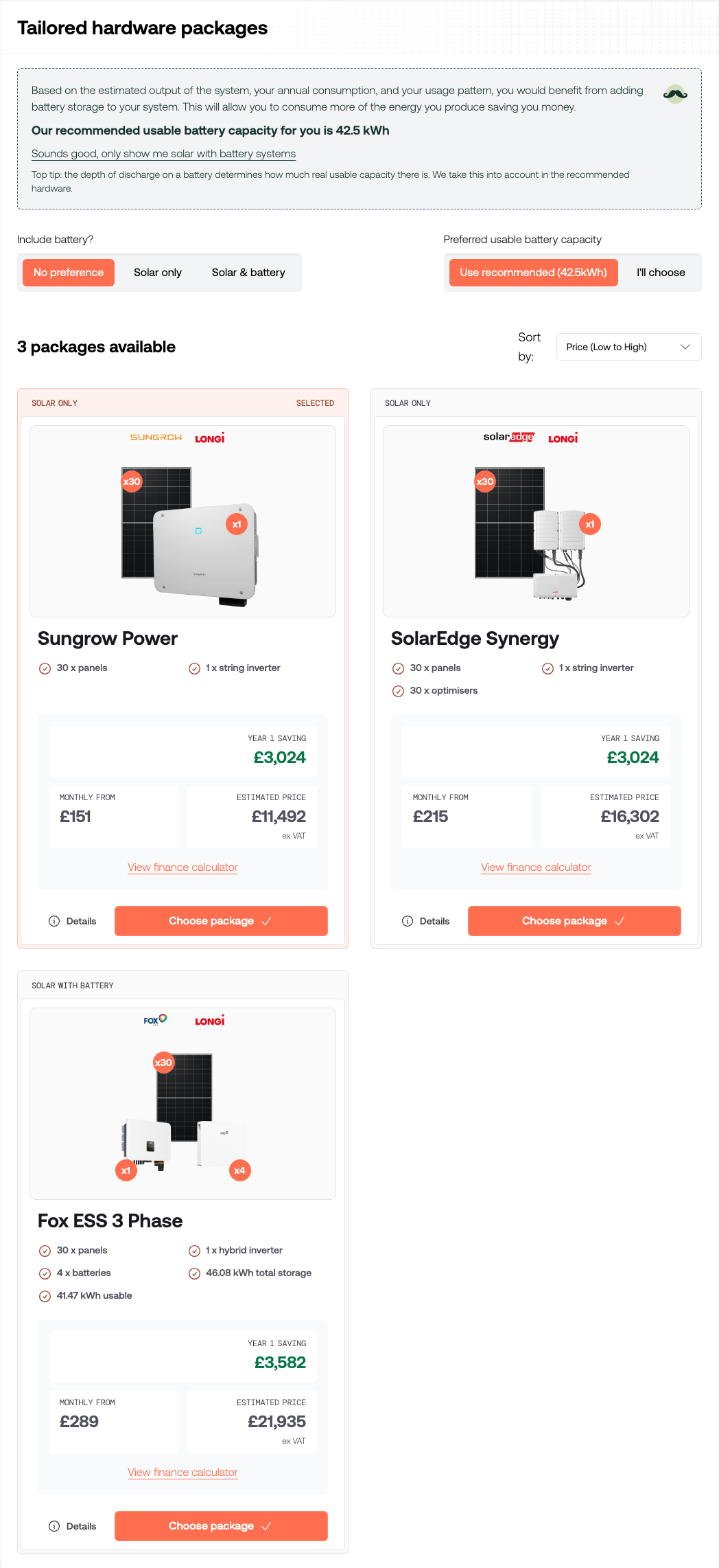 The Tailored hardware packages section with battery preference controls and three package cards, one marked as selected