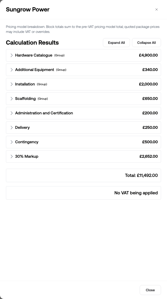 The View pricing calculation sheet showing the pricing model breakdown for a commercial solar package