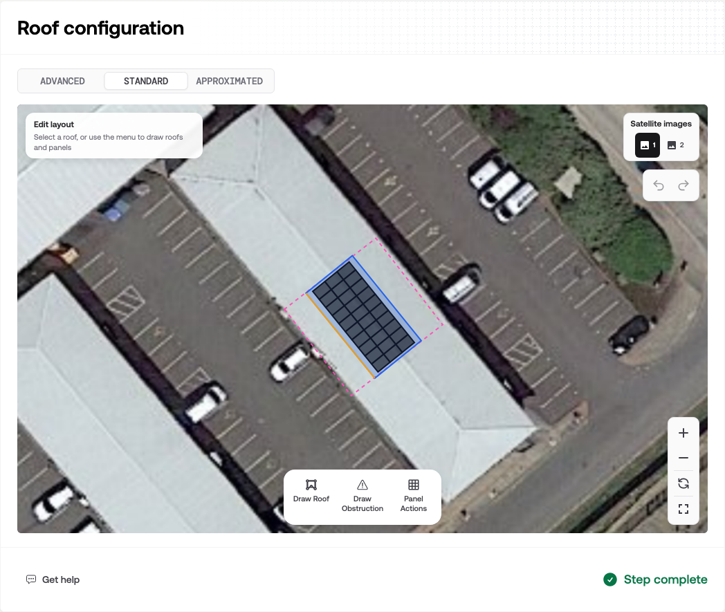 The Roof configuration section in Standard mode, showing one drawn roof filled with thirty panels on a business park site, the property boundary marked around it in dashed pink, and the drawing menu below the map
