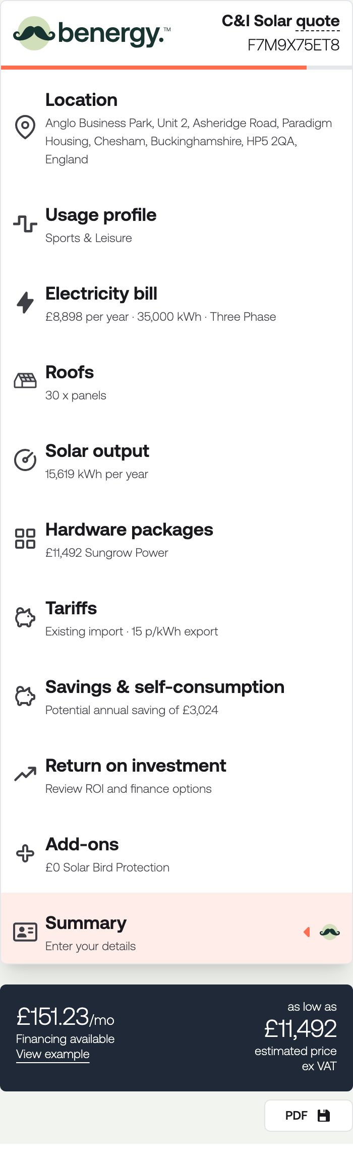 The quote sidebar listing all eleven sections with a one-line summary under each, and the price and monthly finance figure at the foot