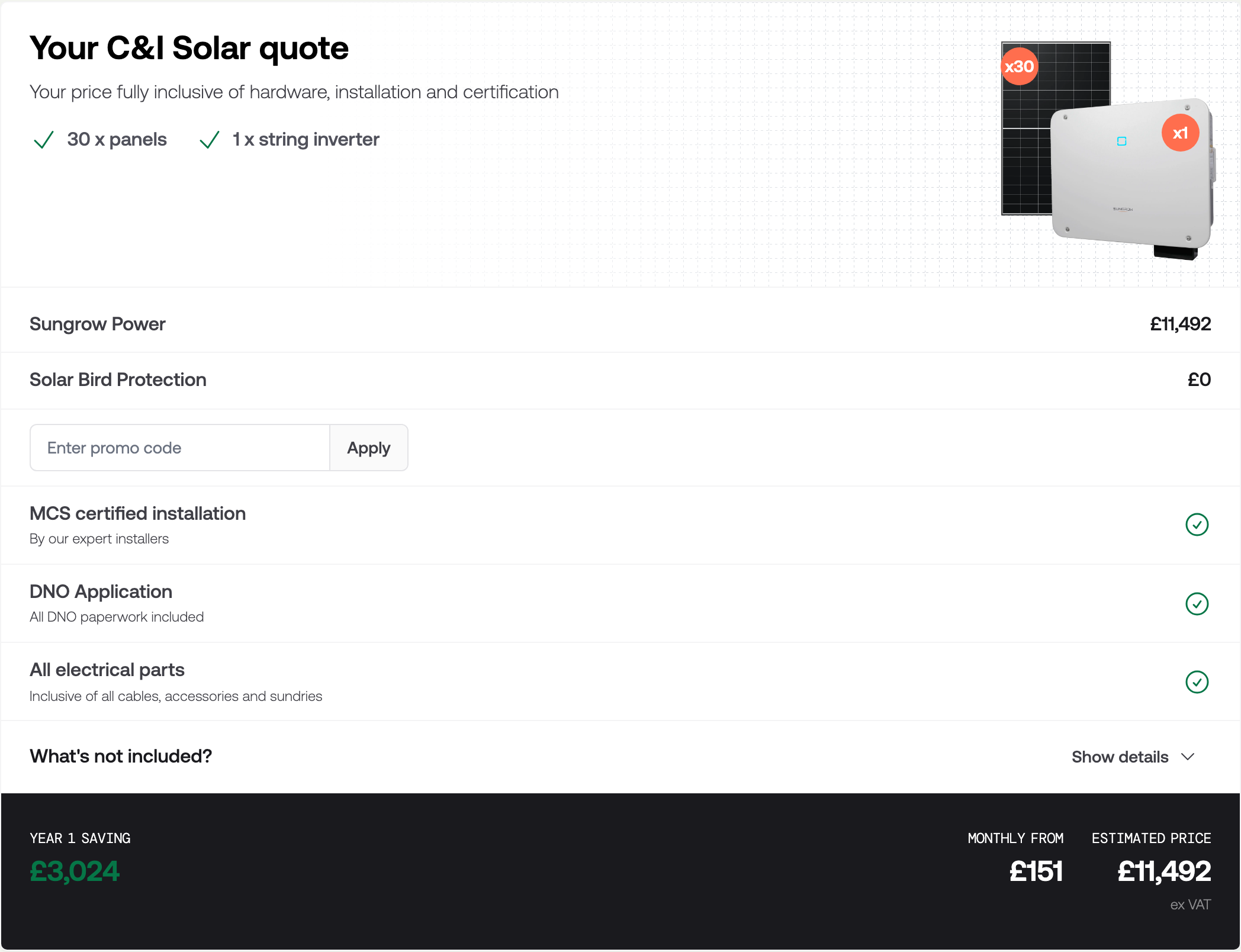 The summary section showing the itemised price, what is included, a promo code field, and the year one saving and estimated price