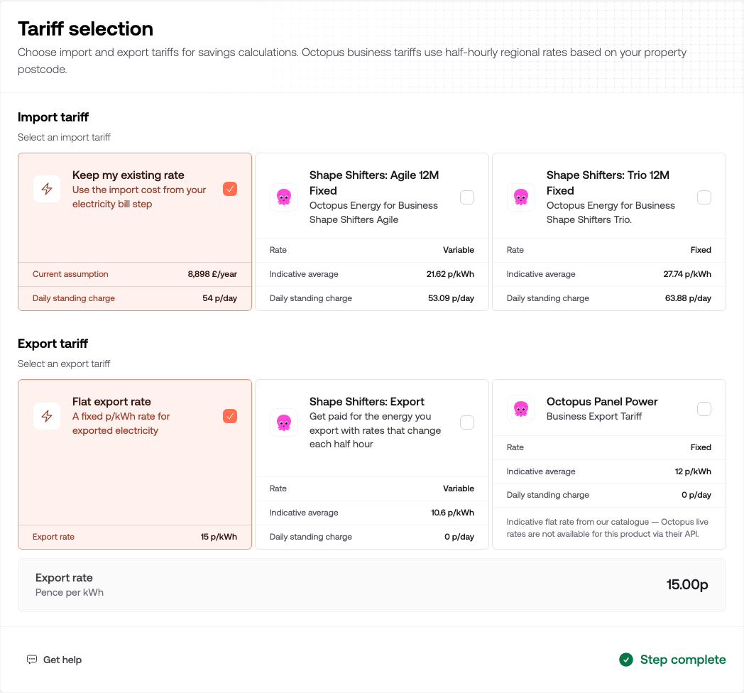 The Tariff selection section with import options including Octopus business products, and Flat export rate selected for export