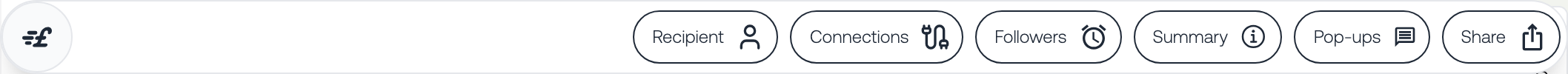 The row of quote controls: Recipient, Connections, Followers, Summary, Pop-ups and Share