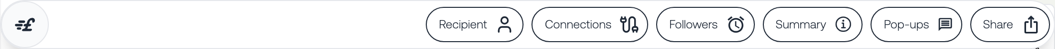 The row of quote controls: Settings, Connections, Followers, Summary, Pop-ups and Share