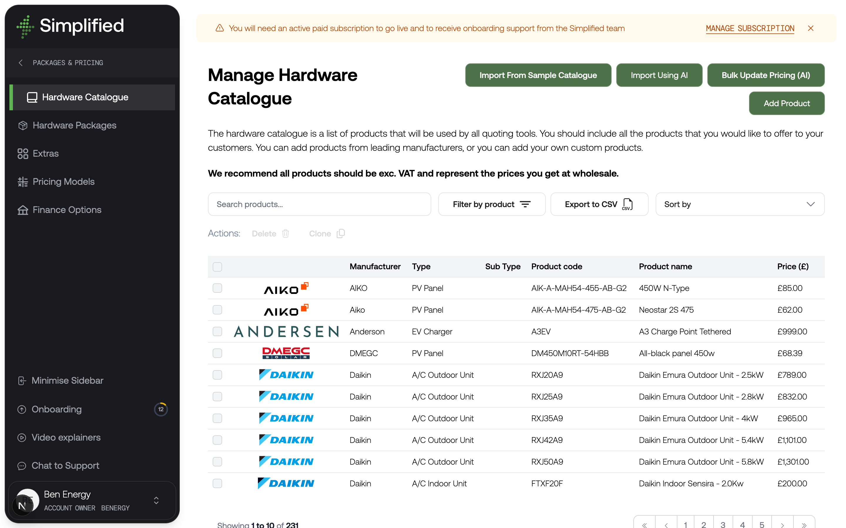 The Hardware Catalogue listing, with products grouped by type and a search and filter bar above the table