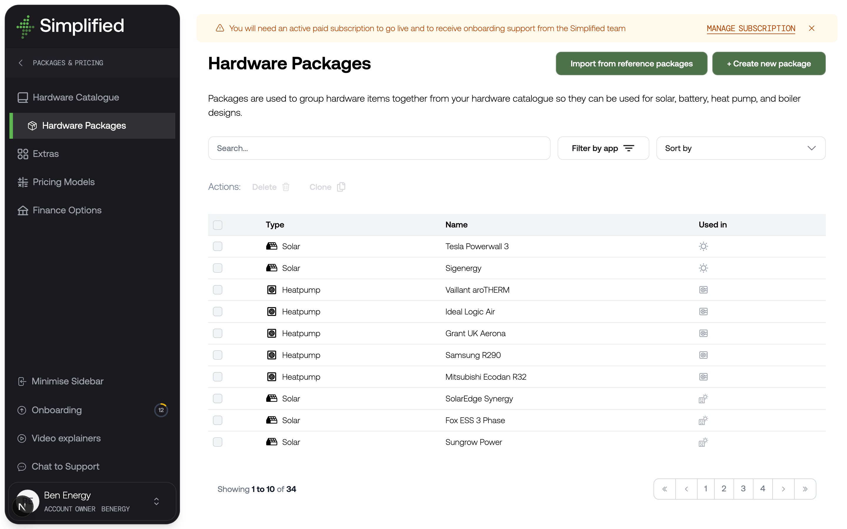 The Hardware Packages listing, with columns for type, name, and which tools each package is used in