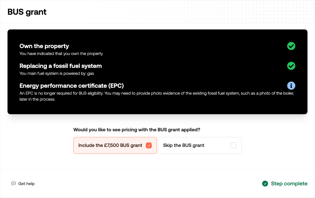 The BUS grant section showing eligibility criteria and a choice to include or skip the grant on the quote