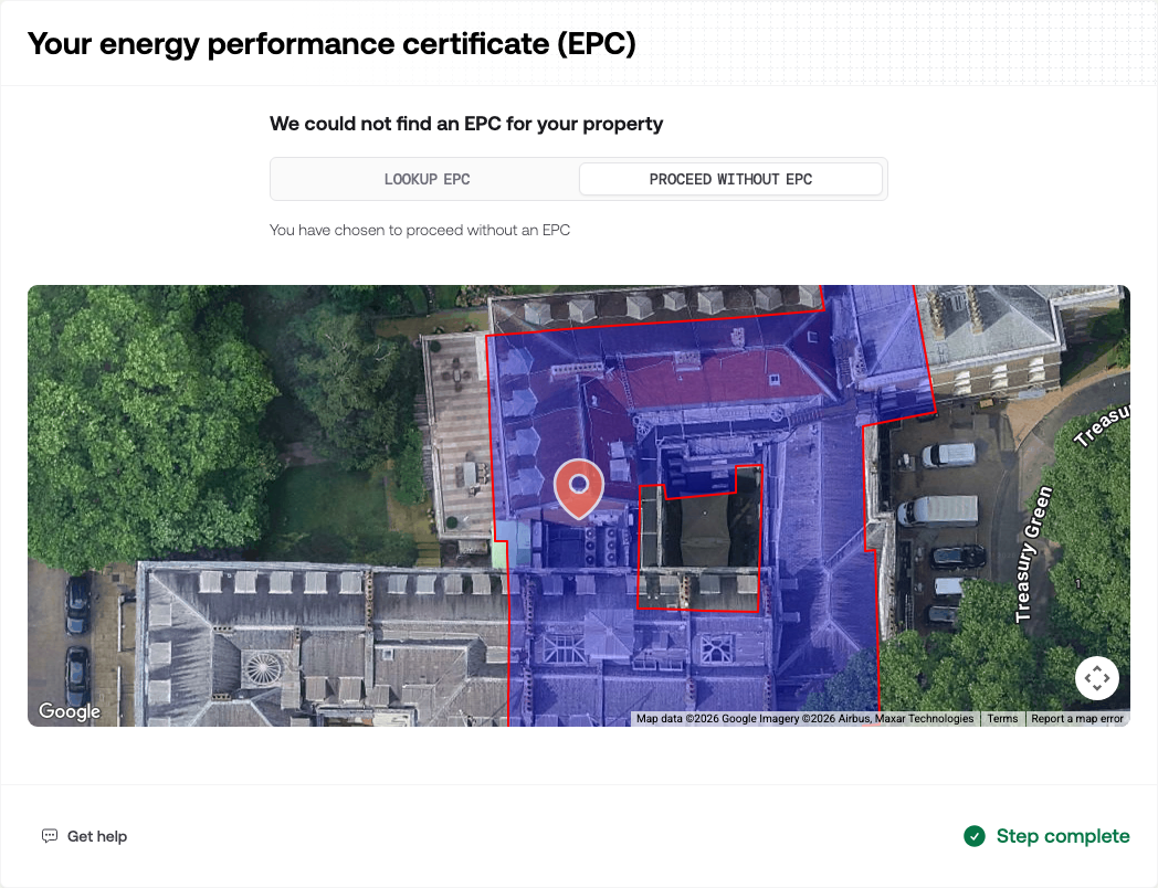 The EPC section with Lookup EPC and Proceed Without EPC options, and a field for the certificate number