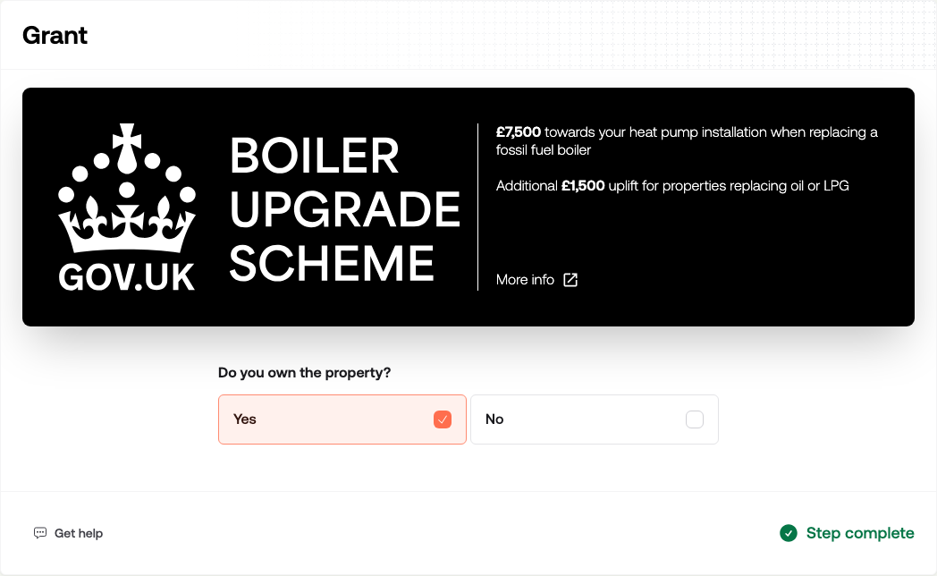The Grant section asking whether the customer owns the property, with the Boiler Upgrade Scheme explained