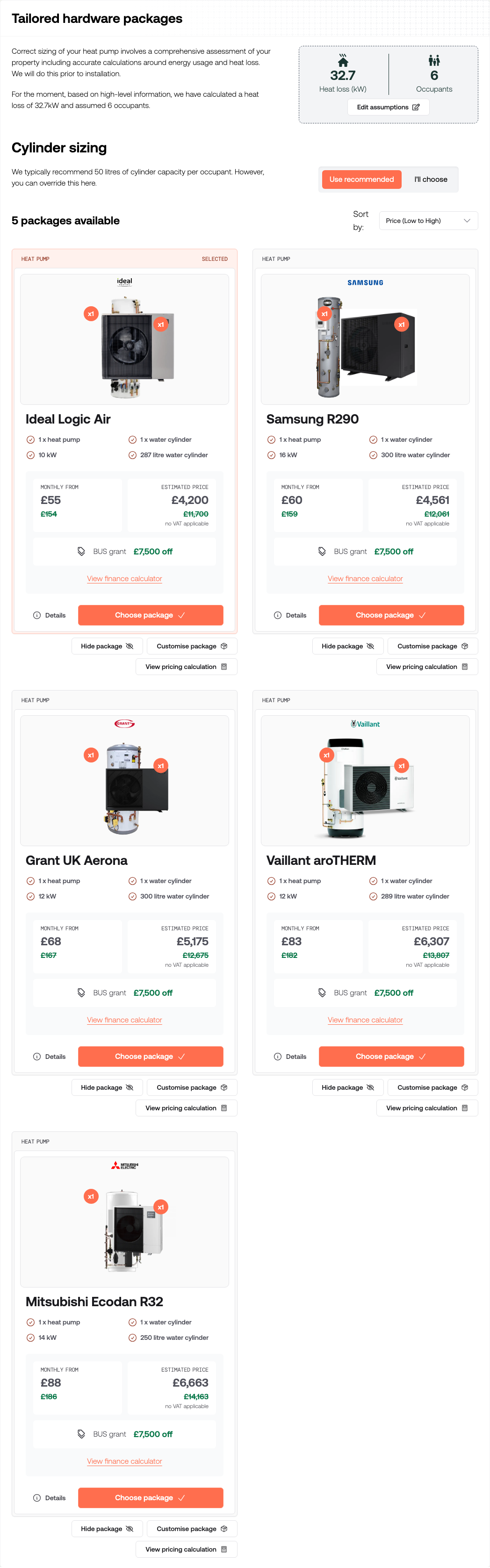 The Hardware packages section showing sized heat pump packages with prices and a Choose package button