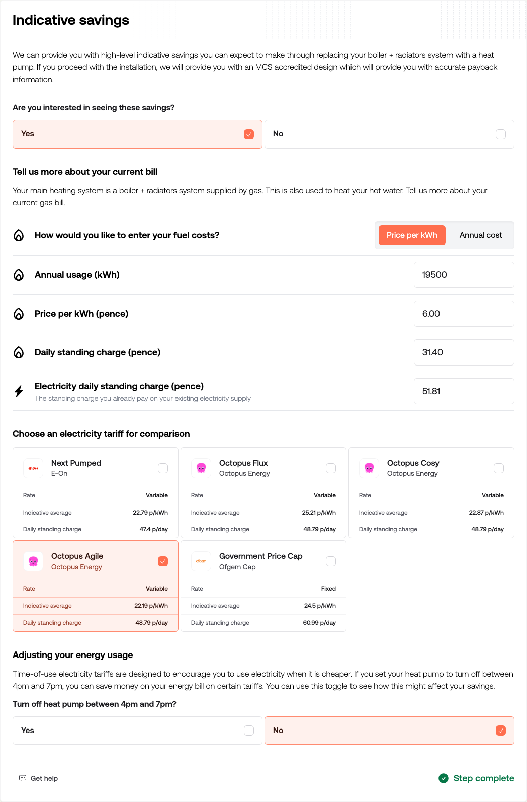 The Savings section asking whether the customer wants to see savings, with bill inputs and a comparison chart