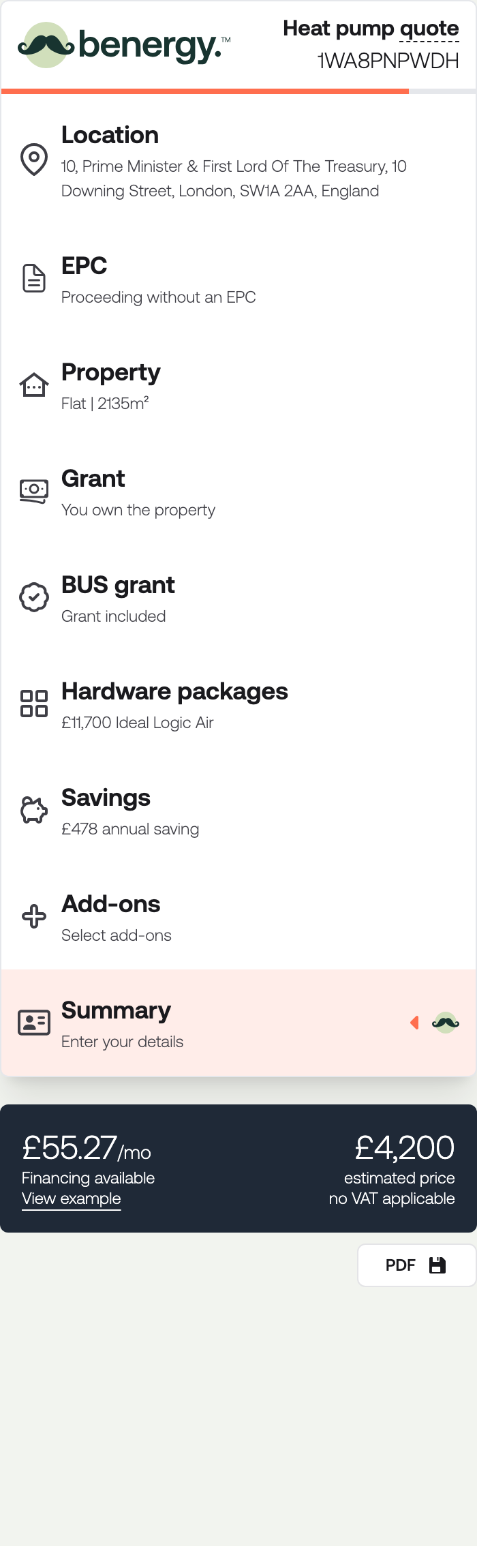 The quote sidebar listing all nine sections with a one-line summary under each, and the price at the foot