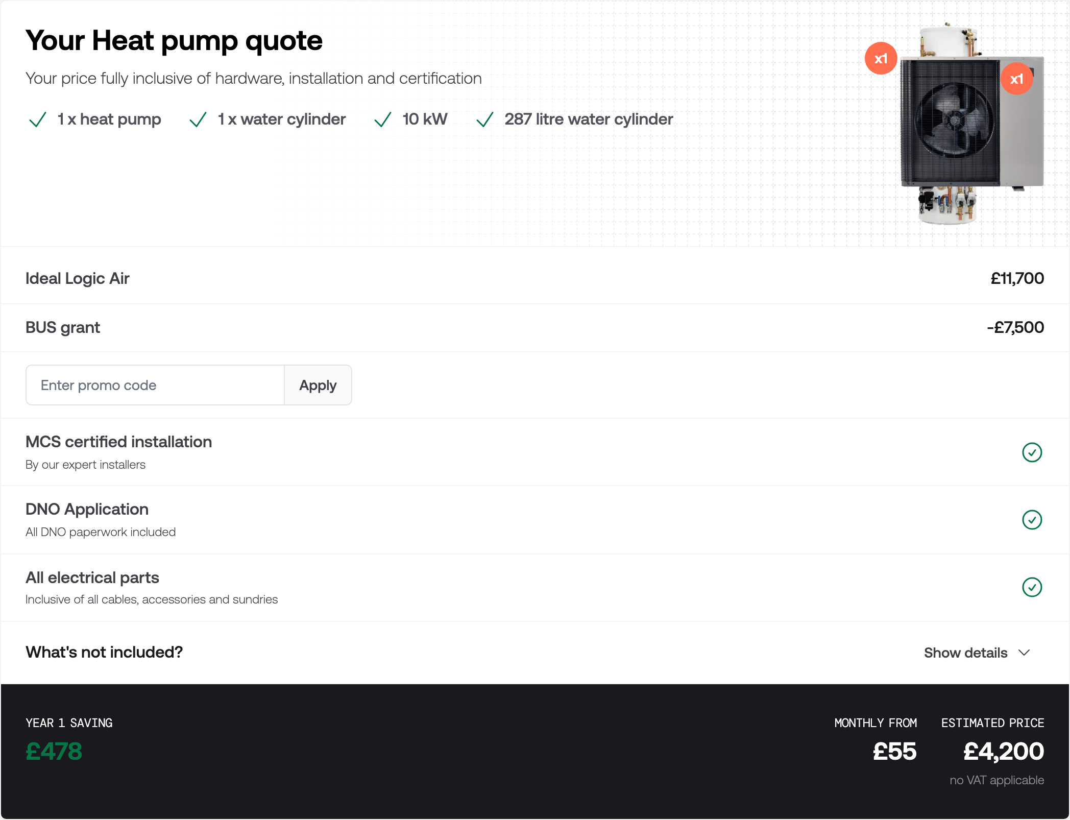 The summary section showing the itemised price, what is included, and the estimated price after grant