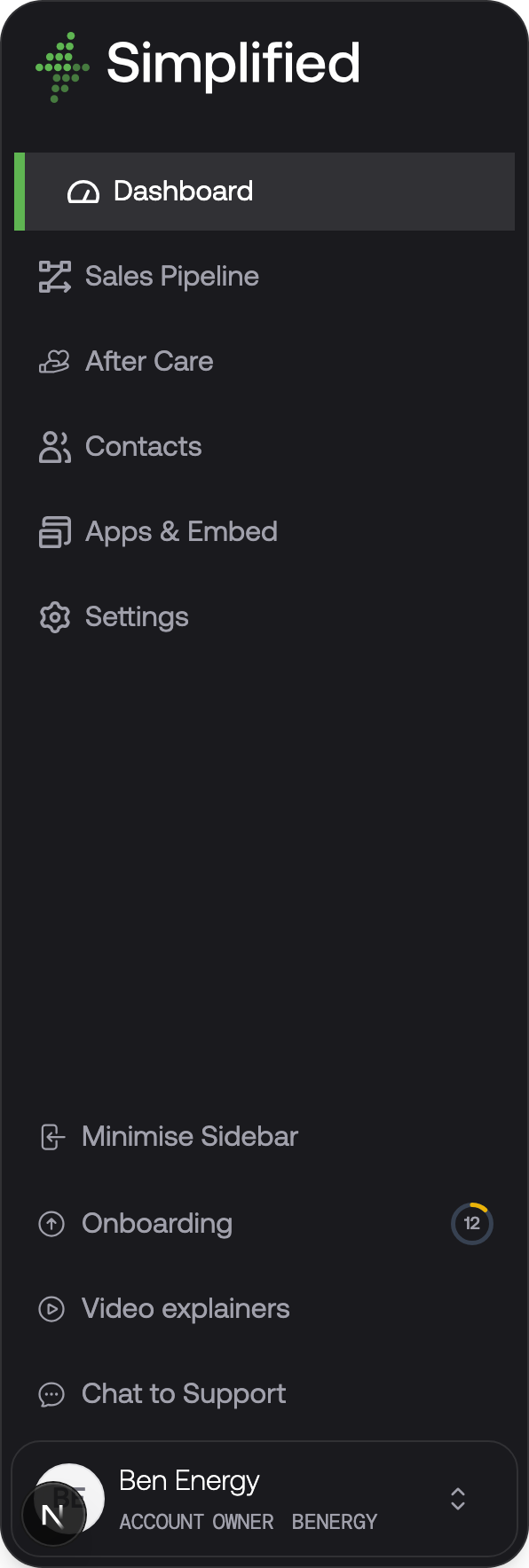 The Installer Portal sidebar, showing Dashboard, Sales Pipeline, After Care, Contacts, Apps and Embed, and Settings
