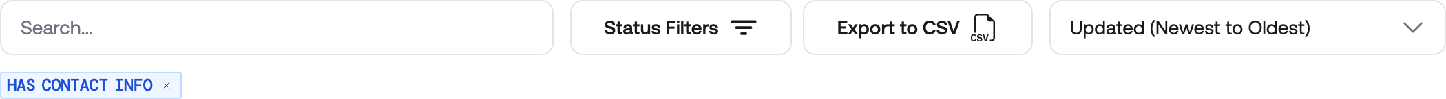 The filter row above a quote list: a search box, a Status Filters button, an Export to CSV button, a sort dropdown reading Updated (Newest to Oldest), and a Has Contact Info badge below showing the filter currently applied