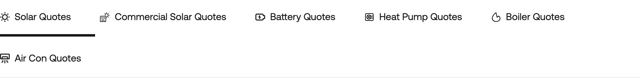Tabs across the top of the Instant Quotes screen, one per product: Solar Quotes, Commercial Solar Quotes, Battery Quotes, Heat Pump Quotes, Boiler Quotes, and Air Con Quotes