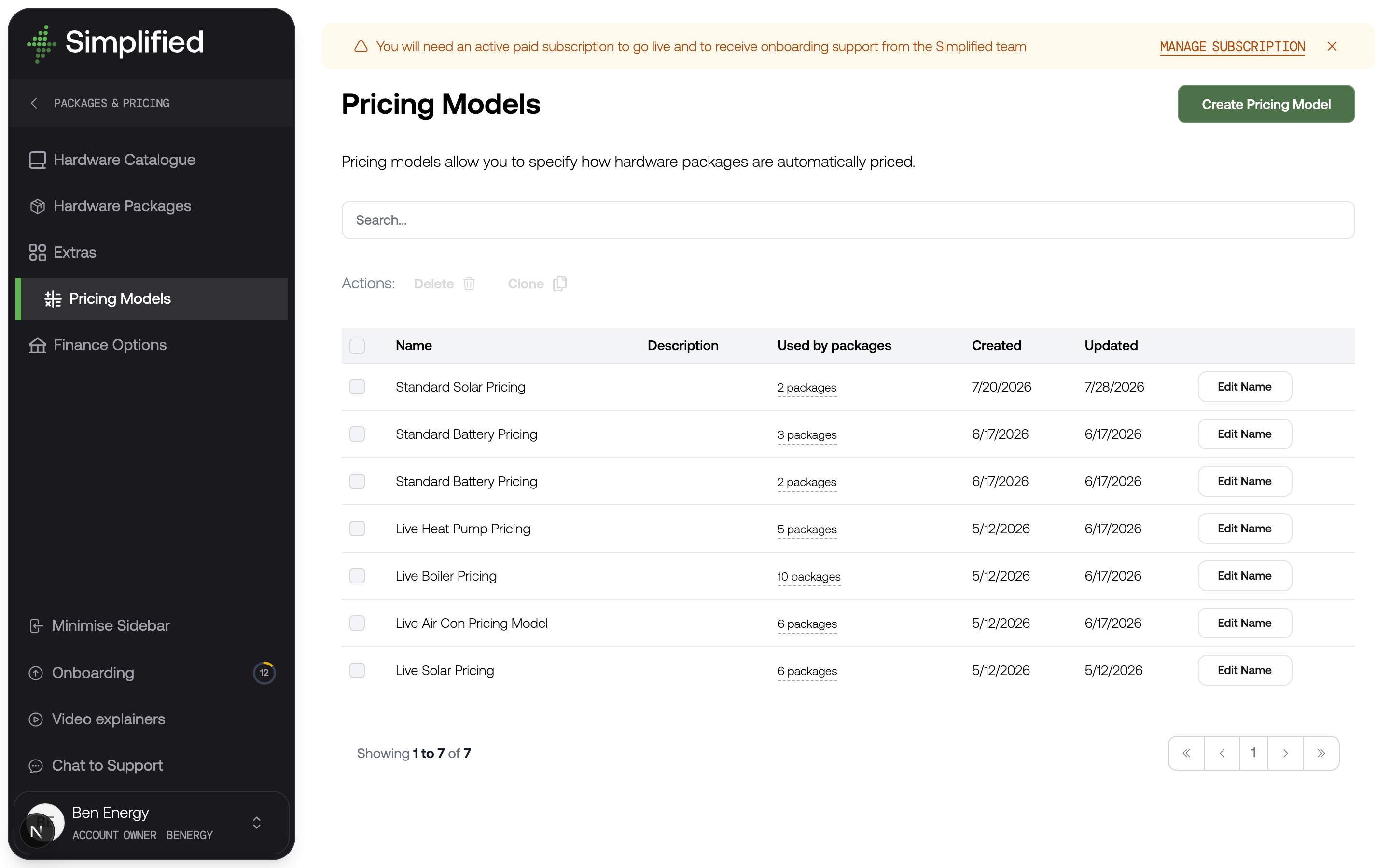 The Pricing Models listing in the Installer Portal