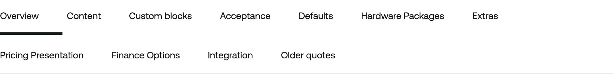 The twelve Residential Solar Quote Tool configuration tabs: Overview, Content, Custom blocks, Explainers, Acceptance, Defaults, Hardware Packages, Extras, Pricing Presentation, Finance Options, Integration, and Older quotes