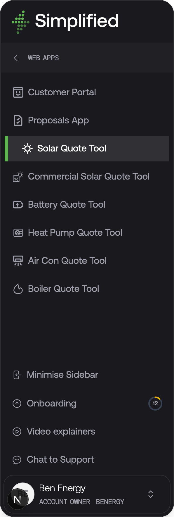 The Web Apps section of the sidebar, listing the Customer Portal, Proposals App, and each quote tool